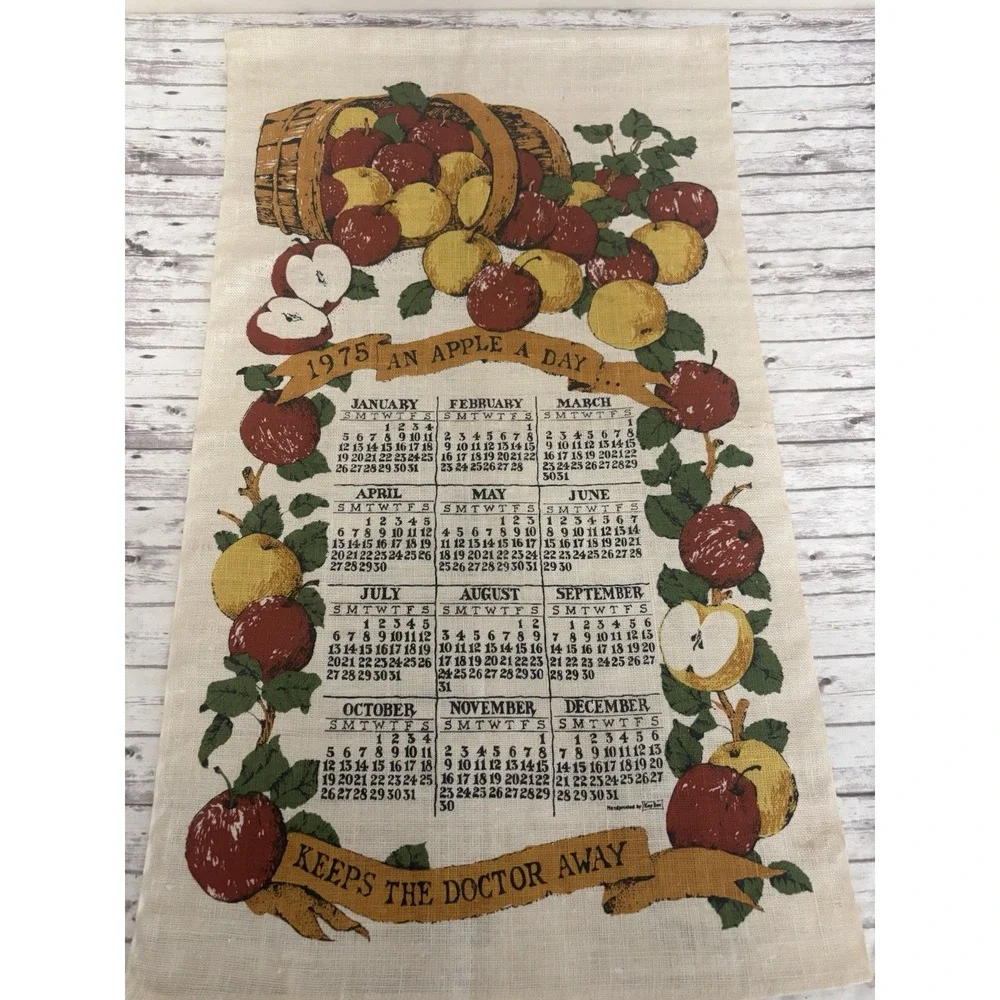 1975 Vintage MCM Linen Calendar Tea Towel Wall Hanging Country Apples Folk Art